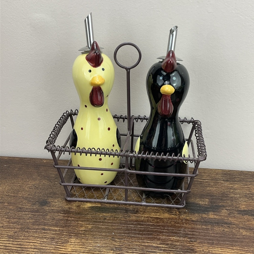 Bonne Lynn Chicken Rooster Figural Oil Vinegar Cruet Set With Basket Holder